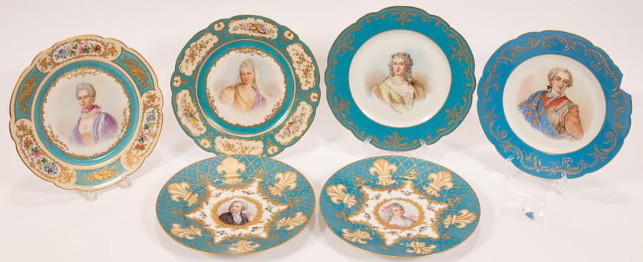 FRENCH SEVRES PORCELAIN PORTRAIT PLATES, 19TH C, 6 PCS, (1 of 16)