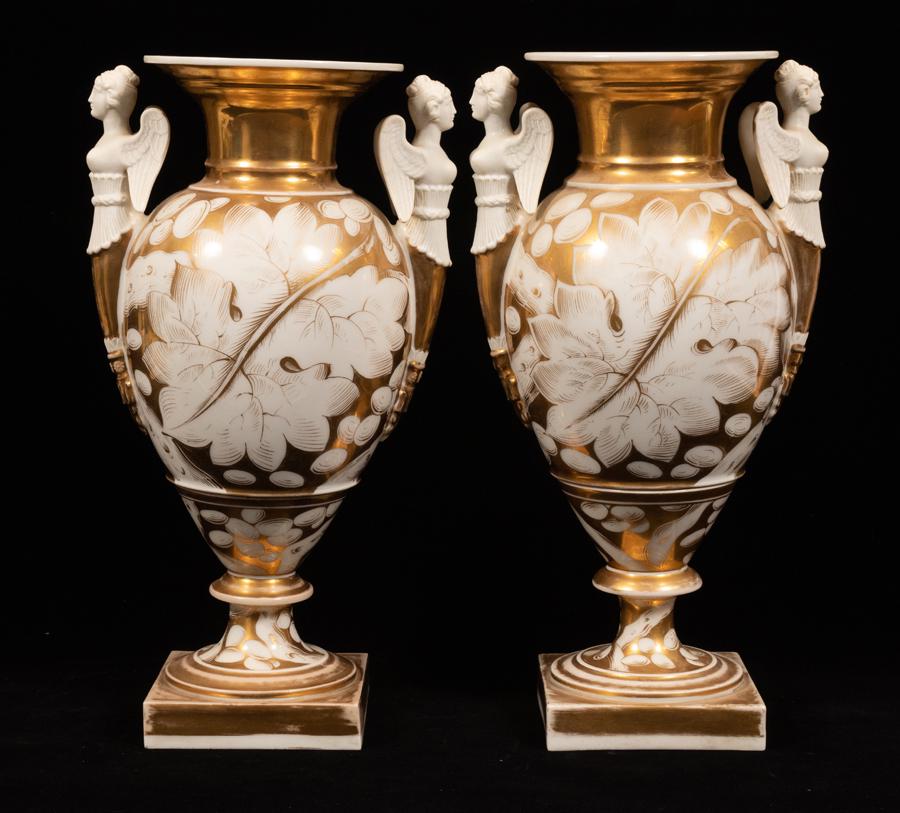 OLD PARIS EMPIRE GILDED PORCELAIN MANTLE URNS, BISQUE (1 of 12)