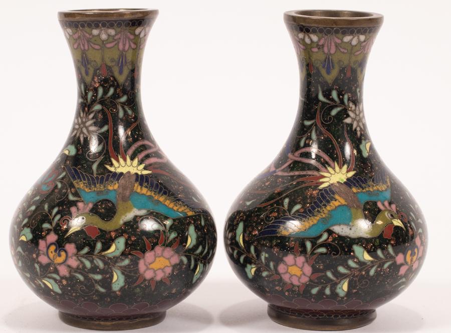 JAPANESE CLOISONNE ENAMEL VASES, 19TH.C. PAIR, H 4", (1 of 3)