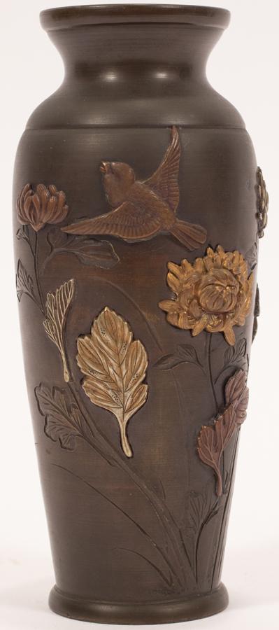 JAPANESE MEIJI PERIOD MIXED METALS BRONZE VASE, H 6",: JAPANESE MEIJI PERIOD MIXED METALS BRONZE VASE, H 6", DIA 2.75"A Japanese Meiji period mixed metals bronze vase. Includes applied silver, gold and copper inlay, depicting avian and floral motifs.