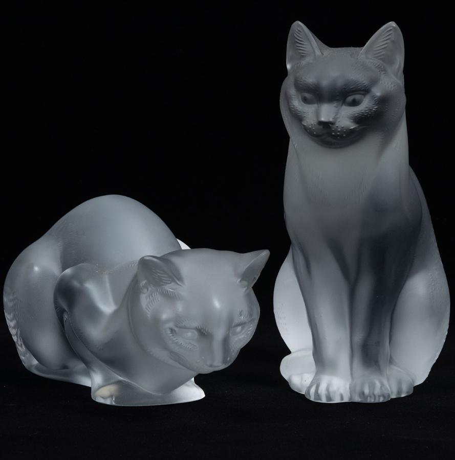 LALIQUE FROSTED CRYSTAL CAT FIGURINES, 2 PCS, H 4"-8.5" (1 of 8)