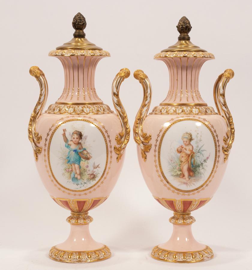 FRANKENTHAL (GERMAN) PORCELAIN URNS, PAIR, H 16", W (1 of 11)