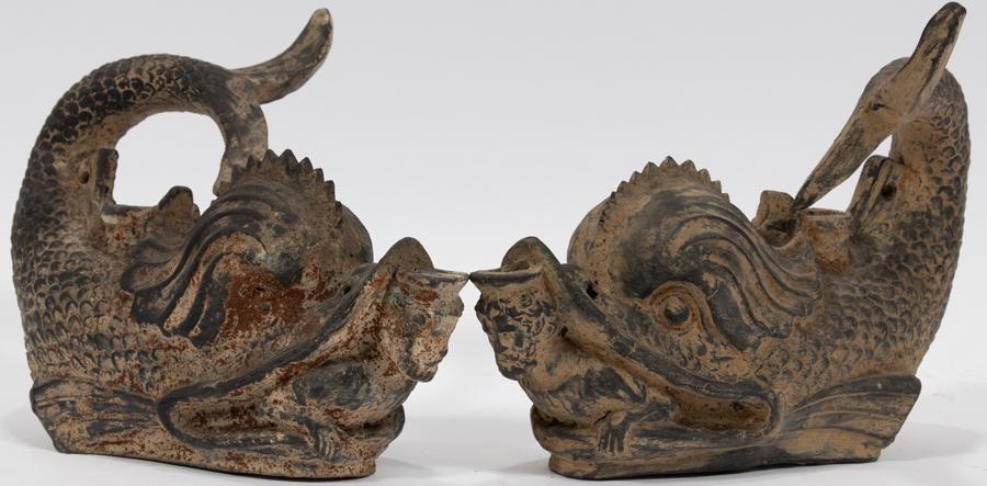 EARTHENWARE DOLPHIN FORM OIL LAMPS, PAIR, H 7", L 10" (1 of 6)