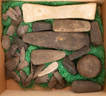 NATIVE AMERICAN STONE AXE HEADS, ARROW HEADS AND: NATIVE AMERICAN STONE AXE HEADS, ARROW HEADS AND IMPLEMENTS, 46 PCS.Including ten axe heads, the largest having a length of 10 1/2" and the smallest having a length of 3". One circular tool having a d