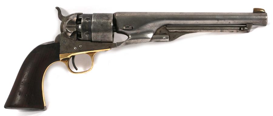 SAMUEL COLT M1860 ARMY PERCUSSION CAP REVOLVER, .44CAL,: SAMUEL COLT M1860 ARMY PERCUSSION CAP REVOLVER, .44CAL, L 8" BARREL, SN 89100 Colt's patent No. 3048, patented September 10th, 1850. Engraved with ships. Serial number 89100, all-matching. In fitted c