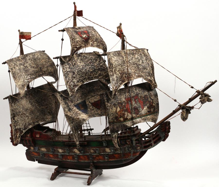 GERMAN WOOD AND RAW HIDE GALLEON CIRCA 1940 H 31" L 36" (1 of 5)