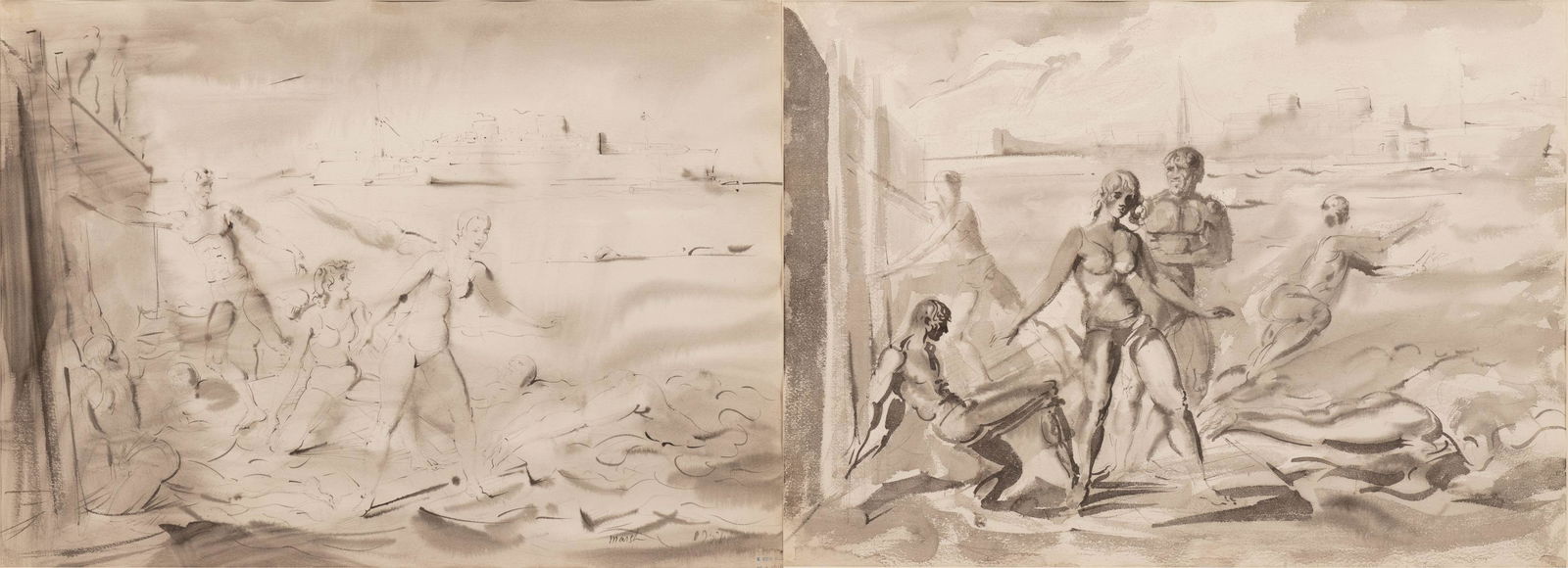 REGINALD MARSH (AMERICAN, 1898–1954) BLACK INK AND GRAY: REGINALD MARSH (AMERICAN, 1898–1954) BLACK INK AND GRAY WASH, ON WOVE PAPER, 1951 H 21.75" W 30" BATHERS SWIMMING OFF A PIER: A DOUBLE-SIDED DRAWING Signed Marsh, dated 1951, and stamped W. Benton C