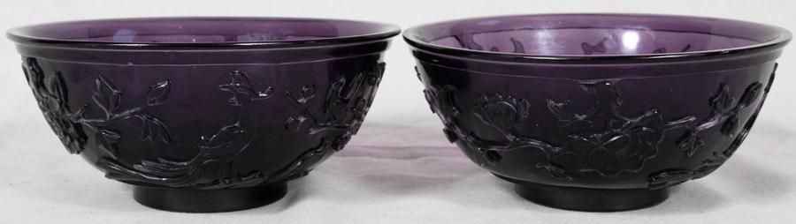 CHINESE GLASS BOWLS PAIR H 2.75" DIA 6.125" PHOENIX, (1 of 4)