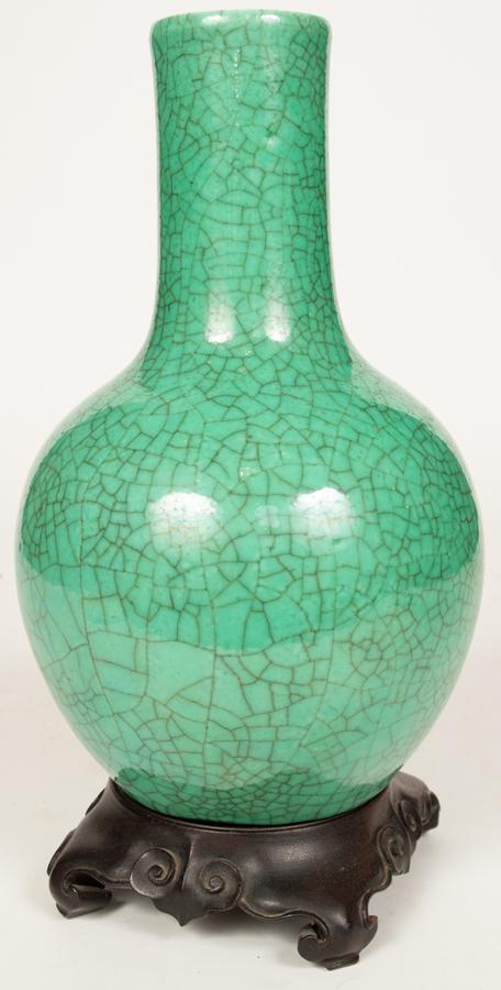 CHINESE CRACKLE GLAZE PORCELAIN VASE PLUS STAND H 12" (1 of 2)