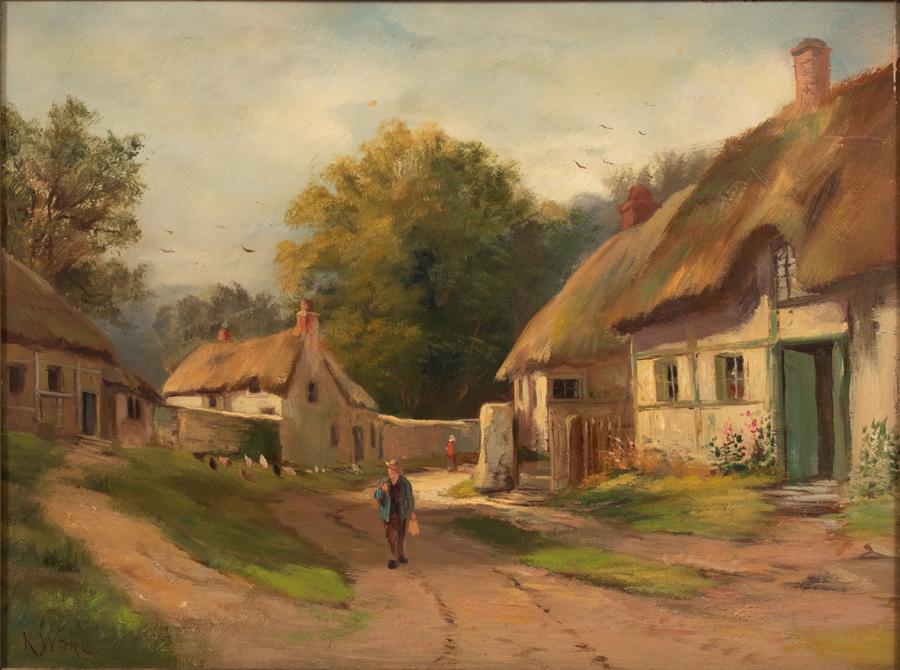 R. WARD (BRITISH, 19TH C), OIL ON ARTIST'S BOARD, H: R. WARD (BRITISH, 19TH C), OIL ON ARTIST'S BOARD, H 12", W 16", VILLAGE PATHWAY An oil on artist's board by R. Ward. Depicting a village of thatched roofs and pathways. Artist's signature to the lower