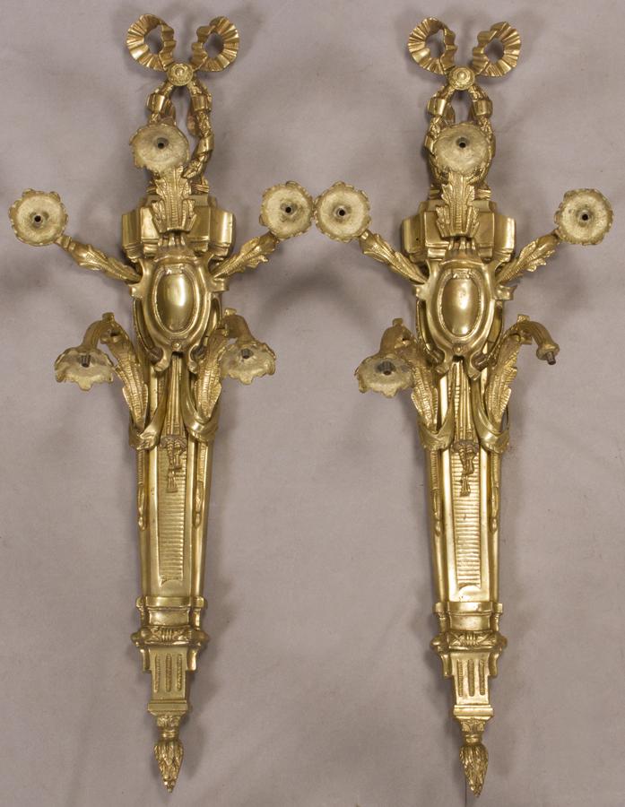 FRENCH GILT BRONZE SCONCES, PAIR, H 38", W 14" (1 of 5)