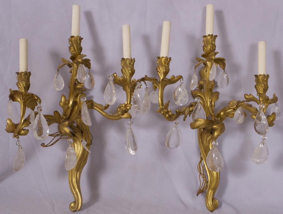 LOUIS XV STYLE GILT BRONZE & ROCK CRYSTAL SCONCES, (1 of 5)