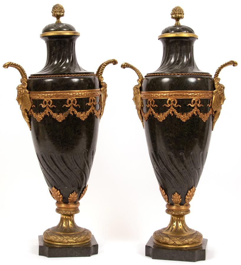 FRENCH EMPIRE GILT BRONZE & MARBLE LIDDED URNS, PAIR, H (1 of 3)