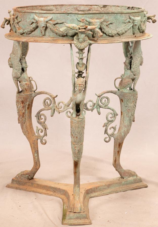 EMPIRE STYLE PATINATED IRON TABLE FRAME, H 28", DIA 22" (1 of 3)