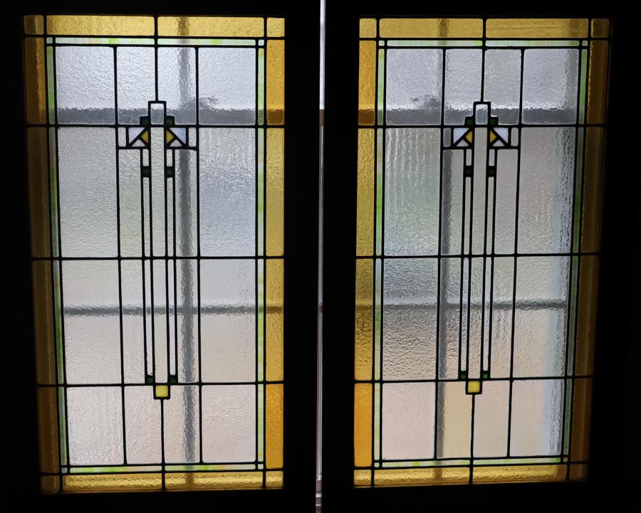 LEADED STAINED GLASS WINDOW PANES PAIR H 39" W 22" (1 of 2)