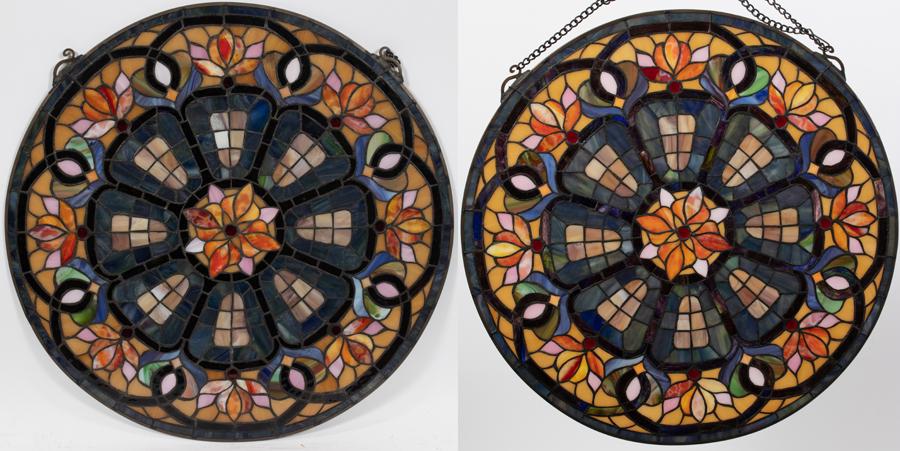 LEADED SLAG GLASS WINDOWS, PAIR, DIA 24", FLOWER (1 of 3)