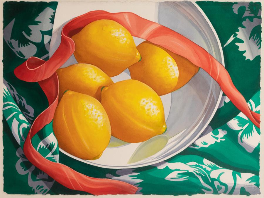 DONNA MCGINNIS (AMER, 20/21ST C), WATERCOLOR ON PAPER,: DONNA MCGINNIS (AMER, 20/21ST C), WATERCOLOR ON PAPER, 1995, H 23", W 30", LEMON STILL LIFE A 1995 watercolor on paper by Donna McGinnis. Depicting a still life with lemons, ribbon and green fabric. A