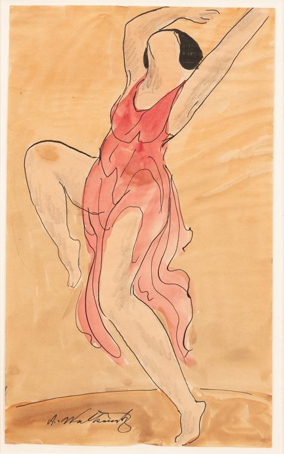 ABRAHAM WALKOWITZ (AMERICAN, 1878–1965) INK AND: ABRAHAM WALKOWITZ (AMERICAN, 1878–1965) INK AND WATERCOLOR, ON PAPER 20TH CENTURY H 14" W 8.375" ISADORA DUNCAN Signed in ink lower left. Frame H 26" W 22.25" Provenance: Estate of Jack Faxon, Michi