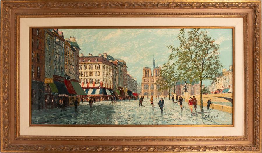 M. BRISSON (FRENCH, 20TH C), OIL ON CANVAS, H 25", W: M. BRISSON (FRENCH, 20TH C), OIL ON CANVAS, H 25", W 48", VIEW OF NOTRE DAME An oil on canvas by M. Brisson. Depicting a Parisian street view with Notre Dame Cathedral in the distance. Artist's signat