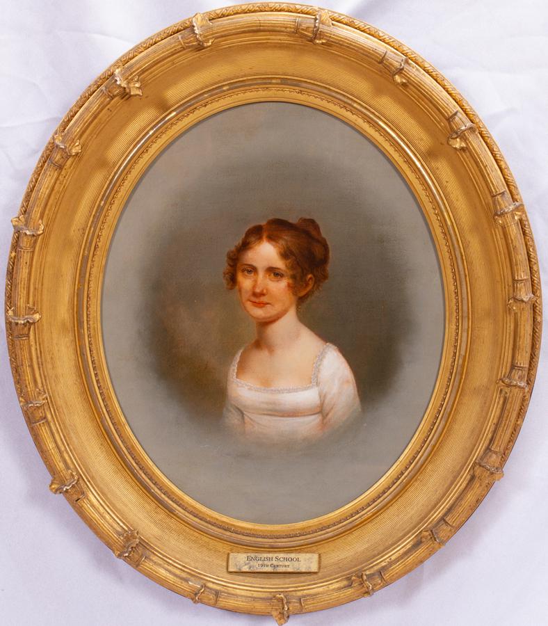 ENGLISH SCHOOL, OIL ON ARTIST'S BOARD, 19TH C, H 16", W: ENGLISH SCHOOL, OIL ON ARTIST'S BOARD, 19TH C, H 16", W 13", PORTRAIT OF GIRL A 19th century English oil on artist's board. Depicting a portrait of a girl with vignette ground. Bearing framing and pap