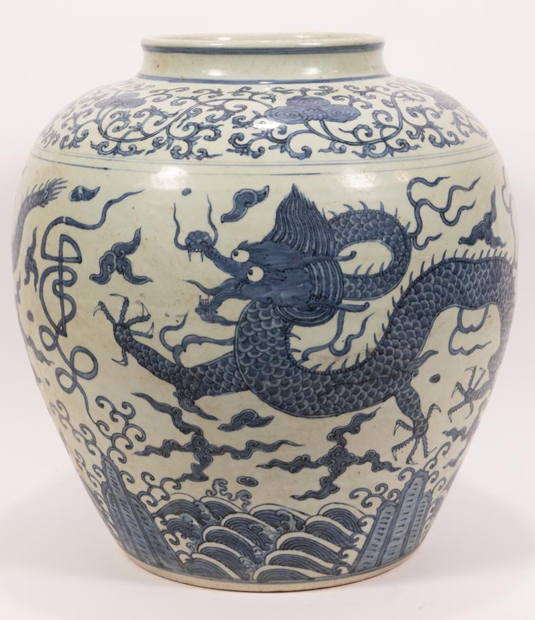 CHINESE BLUE AND WHITE PORCELAIN JAR, H 19", DIA 18", (1 of 7)