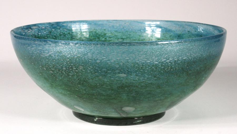 SCOTTISH GLASS CENTERPIECE BOWL, H 5", DIA 12": SCOTTISH GLASS CENTERPIECE BOWL, H 5", DIA 12" Seafoam colors, with concentric design to basin, ground pontil. "MADE IN SCOTLAND" marked faintly to the underside. Provenance: Estate of Jack Faxon, Mic
