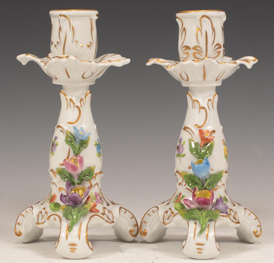 DRESDEN PORCELAIN CANDLESTICKS, 20TH C, PAIR, H 7", DIA (1 of 4)