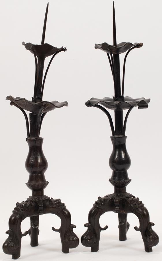 GOTHIC STYLE BRONZE SPIKE CANDLESTICKS, PAIR, H 17", (1 of 6)