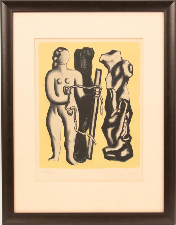 FERNAND LEGER (FRENCH, 1881–55), LITHOGRAPH IN COLORS: FERNAND LEGER (FRENCH, 1881–55), LITHOGRAPH IN COLORS ON ARCHES PAPER, 1952, H 16.25", W 13", FEMME SUR FOND JAUNE Signed in ink (faded), numbered 68/100. (S. 118) Frame H 29" W 22.5"