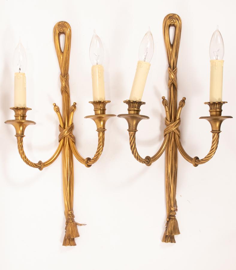 GILT BRONZE ELECTRIFIED SCONCES, PAIR, H 21", W 9.5" (1 of 10)