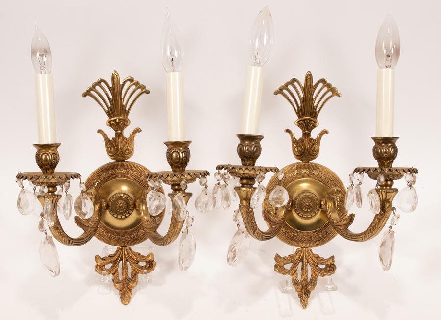 GILT BRONZE ELECTRIFIED SCONCES, PAIR, H 13", W 10" (1 of 11)