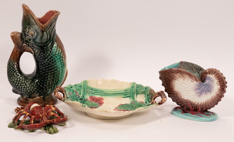 MAJOLICA PITCHER, DISH & CRAWFISH, 4 PCS, H 1.5"-10" (1 of 12)