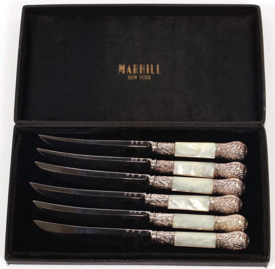 ENGLISH SILVER PLATE AND MOTHER OF PEARL  KNIVES, SET (1 of 2)