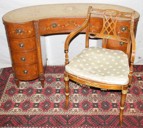 KIDNEY SHAPED DESK BY IRWIN & A SIMILAR CHAIR: ADAMS STYLE KIDNEY SHAPED DESK BY IRWIN & A SIMILAR CHAIR, H 30", L 50", D 19":Robert Irwin Co. premiere furniture company, Grand Rapids. Including 1 Adams style decorated desk with glass top by Irwin