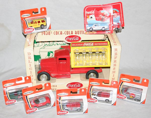 GEAR BOX TOY COCA COLA TRUCK, W/COKE BOTTLES: GEAR BOX TOY COCA COLA TRUCK, W/MINI COKE BOTTLES + MINIATURE CARS, ORIGINAL BOXES, 10 LOT:Truck tin, Bakelite, rubber with .box #00101.box-truck H7", L12 1/2". 9 miniature cars with original boxes. 4