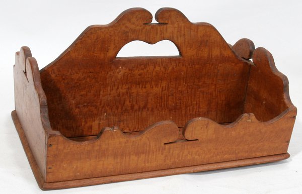 AMERICAN BIRCH CUTLERY TRAY C. 1820 H 6", L 11": AMERICAN BIRCH CUTLERY TRAY, C. 1820, H 6", L 11":Nicely scalloped gallery and center handle. Hand made nails.