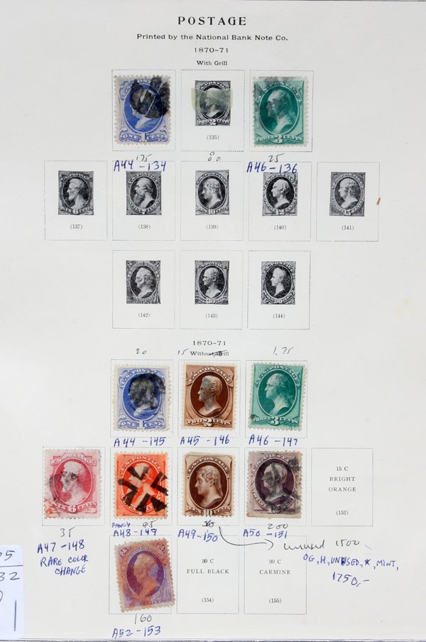 US STAMPS 1870-'71 SCOTT A49 - 150 UNUSED OG H: US STAMPS 1870-'71 SCOTT A49 - 150 UNUSED OG H NO GRILL,SINGLE ALBUM PAGE A48-149 FANCY CANCEL ETC,:No grill and cancelled A-44,45,46,47,49,50,52. A48-149 has a fancy cancellation. Single Album page. 