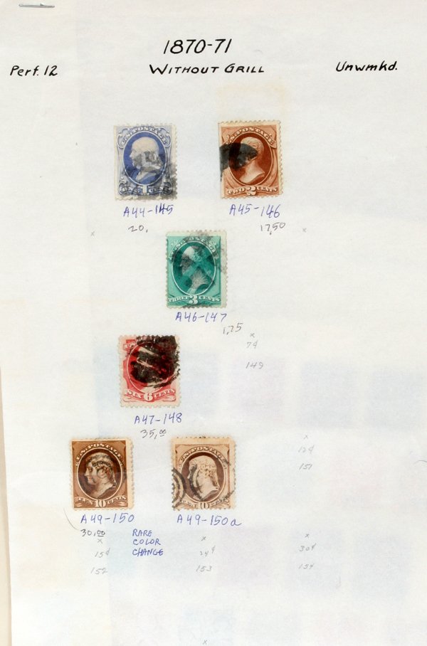 US POSTAGE SINGLES NO GRILL, PERF 12 1870-'71: US POSTAGE SINGLES NO GRILL, PERF 12 1870-'71:A44-145, (VG50 two sided marginoff center. ) A45-146 (fine 70 Three sided margin pff center.) A46-147 (VG50 Two sided margin off center.) A47-148 (VG3 cle