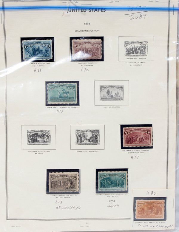 US COLUMBIAN POSTAGE SINGLES NG OG NH H UNUSED: U.S COLUMBIAN POSTAGE SINGLES NG OG NH H UNUSED CANCELED PARTIAL-SET SCOTT#A81,A80,A79 - A71, 1893:United States Columbian postage stamps singles original gum, OG, no gum, NG, no hinge, NH, hinge, H, 