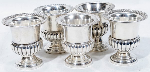 FISHER & HAMILTON WEIGHTED STERLING URNS C.1950: FISHER & HAMILTON WEIGHTED STERLING SILVER CIGARETTE URNS, C. 1950, FIVE, H 2 3/4", DIA 2 1/2":All of the cigarette urns are of similar design and are weighted. One of the urns is stamped "Fisher" and