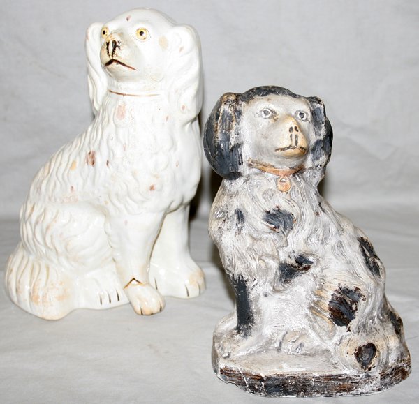 CHALK WARE & STAFFORDSHIRE KING CHARLES SPANIEL: CHALK WARE & STAFFORDSHIRE FIGURES KING CHARLES SPANIELS, LATE 19TH C., TWO, H 8"& 10":Including 1 chalk ware figure, H.8 1/2", and 1 Staffordshire spaniel, H.10" (damaged). Two figures total.
