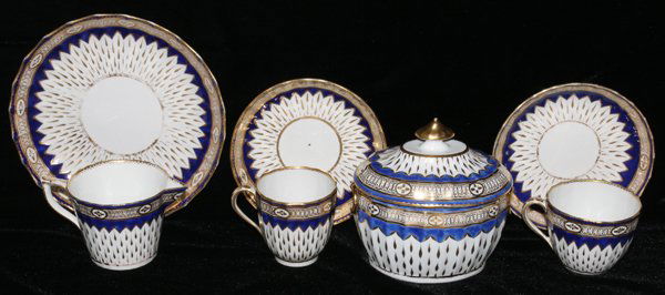 DERBY PORCELAIN, 19TH C., 7 PIECES (CREAMER,: DERBY PORCELAIN, 19TH C., 7 PIECES (CREAMER, SUGAR, CUPS & SAUCERS):Including 1 creamer, 1 covered sugar bowl, 1 plate, Dia.7 1/2", 2 cups (one with a crack) and 2 saucers; each porcelain piece decora