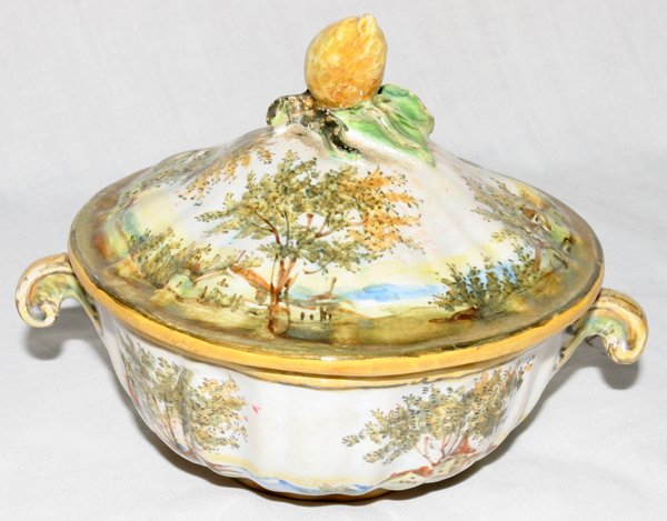 FRENCH FAIENCE COVERED DISH C. 1900, DIA 4 1/2": FRENCH FAIENCE COVERED DISH, C. 1900, DIA 4 1/2", ROUEN:Hand painted. Signed in black paint "MF".