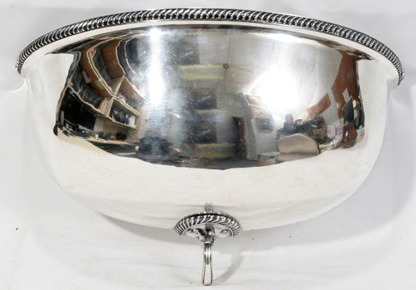 SHEFFIELD PLATE TURKEY DOME CONV TO WALL POCKET: SHEFFIELD PLATE TURKEY DOME CONVERTED TO WALL POCKET, L 17":A Mappin & Webb Sheffield plate turkey dome halved to use as a wall-mounted pocket/planter, gadrooned rim, H.8 1/2" x 17" x 7".