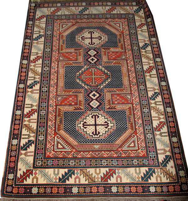 ROMANIAN HAND-WOVEN RUG, 6' 0" X 4' 0": ROMANIAN HAND-WOVEN RUG, 6' 0" X 4' 0":Blue, rust and beige. Three reserves down center, beige border. Unusual pattern and colors.