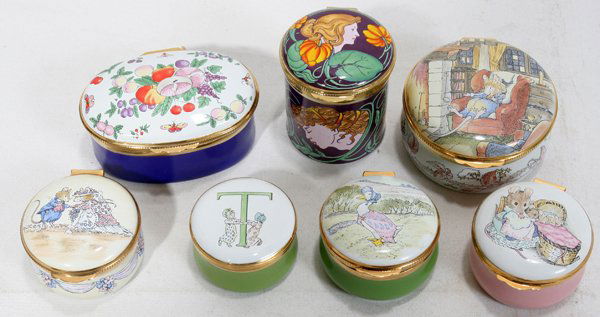 CRUMMLES & CO. ENAMEL BOXES, 7, C. 1990: CRUMMLES & CO. ENAMEL BOXES, SEVEN, DIA 1 3/4"-2 1/2", C. 1990:English enamel hinged boxes by Crummels & Co., including 2 "Brambly Hedge", 1 Beatrix Potter's Jemima Puddleduck and 1 Hunca Munca with c