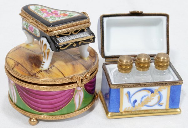 LIMOGES RING BOXES, TWO, FRANCE, H 3", 2": LIMOGES RING BOXES, TWO, FRANCE, H 3", 2":Hand painted. One in form of drum with music box inside and grand piano on top. This is a double ring box with two hinged covers. Second in form of chest with