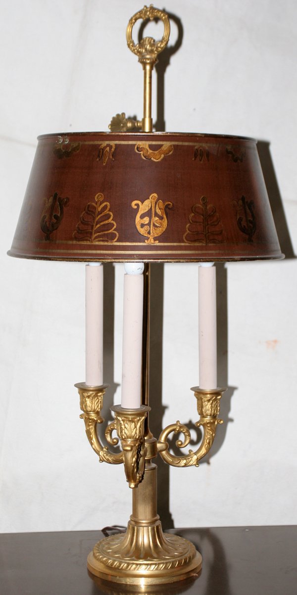 FRENCH BOUILLOTTE LAMP, H 26", TOLE SHADE: FRENCH BOUILLOTTE LAMP, H 26", TOLE SHADE:Gilt metal, with three arms. Tole [metal] shade. From the Estate of Robert Wilkins.