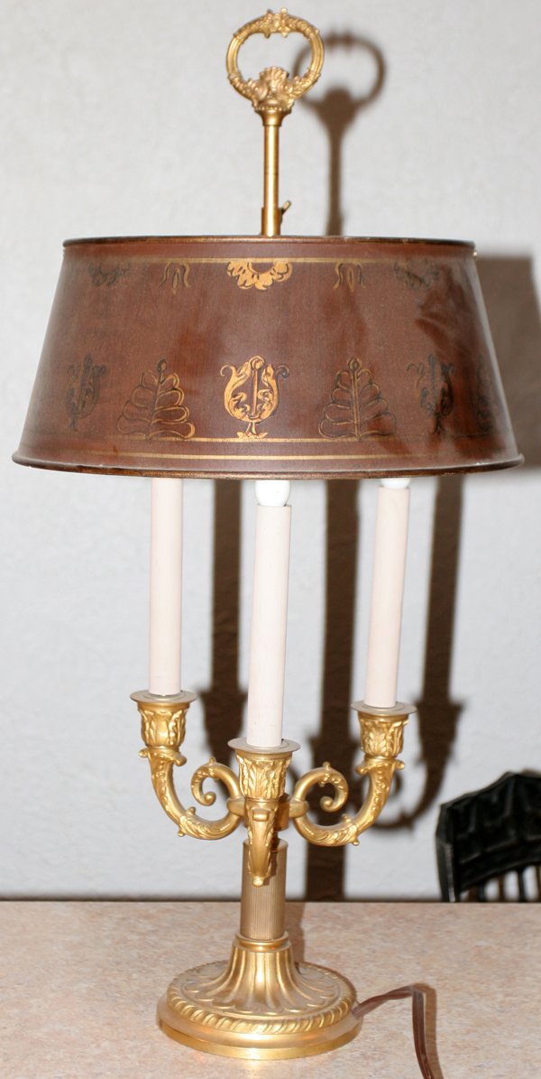 FRENCH BOUILLOTTE LAMP, H 26", TOLE SHADE: FRENCH BOUILLOTTE LAMP, H 26", TOLE SHADE:Matches #132. Tole shade. Mate to above. From the Estate of Robert Wilkins.