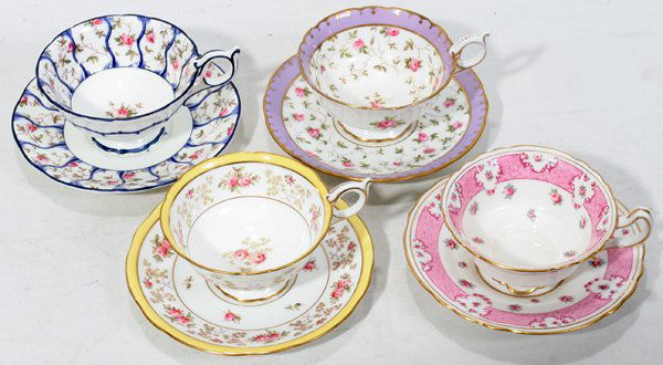 COALPORT/DOULTON PORCELAIN CUPS & SAUCERS, 4: COALPORT/DOULTON PORCELAIN CUPS & SAUCERS, FOUR SETS:Including 3 Coalport tea cups with matching saucers, and 1 Doulton tea cup with matching saucers. Eight pieces total.